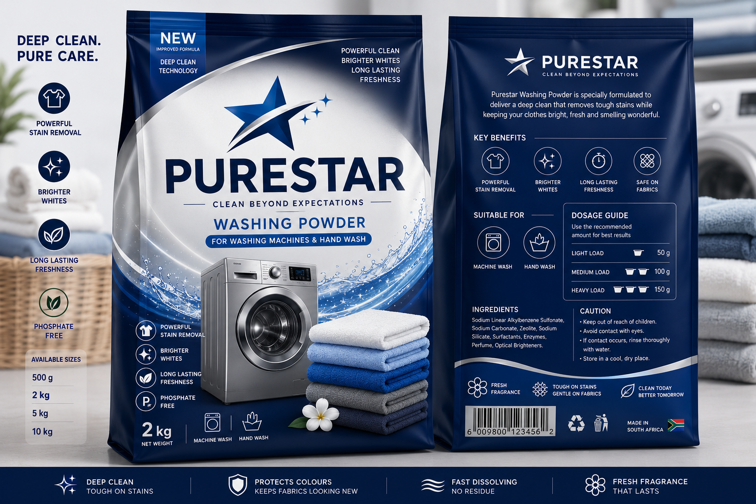 Original PURESTAR washing-powder packaging concept with navy, silver and blue front and back packs